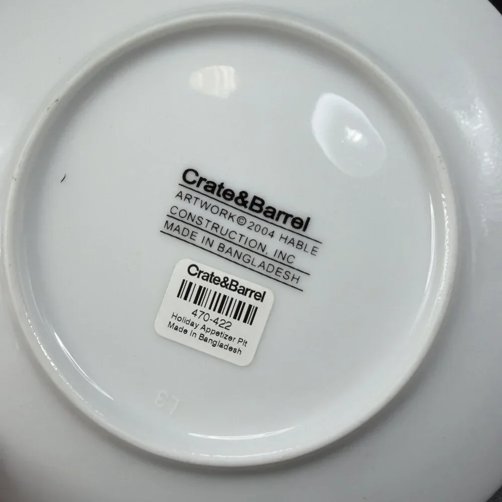 Crate & Barrel Artwork Script Christmas Holiday Dish Plate Set‎ 4 Plates 6.5inch
